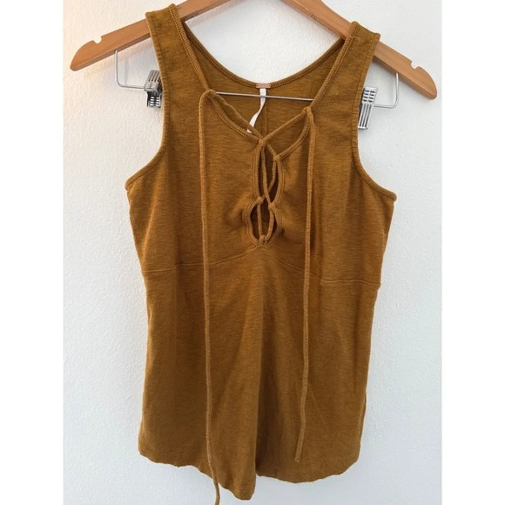 Free People Brown Criss‎ Cross Tie Ribbed Tank Top Size Medium  Cotton Blend